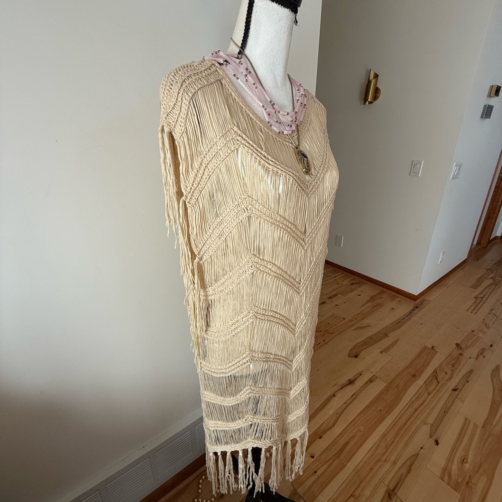 Crochet/mac Cream Fringe Sleeveless Dress/layering piece - Picture 4 of 11